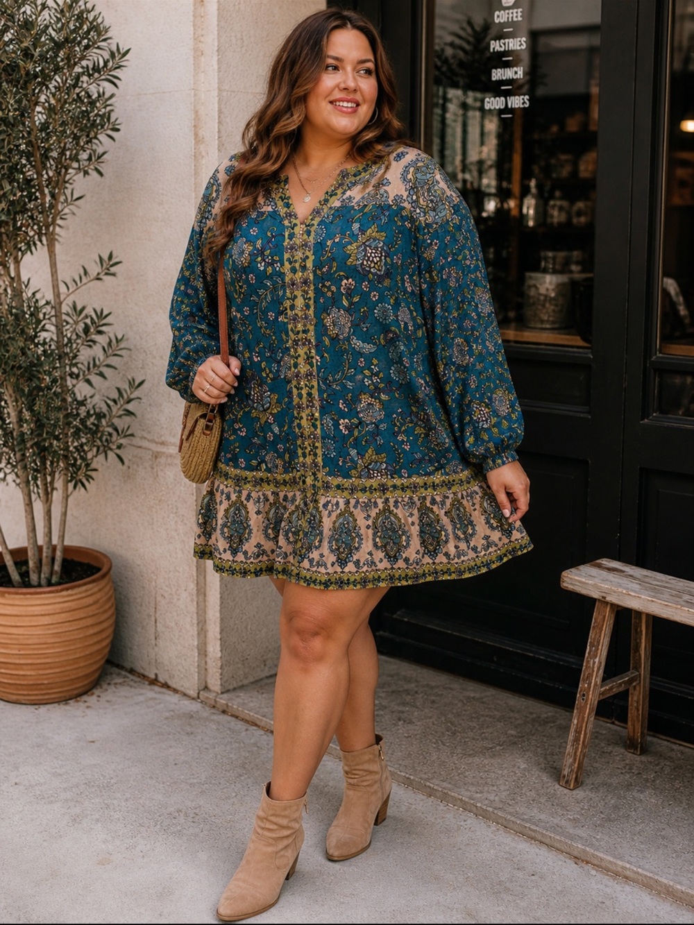 City Chic Teal Paisley Boho Mini Dress Size 18 Long Sleeve Flowy